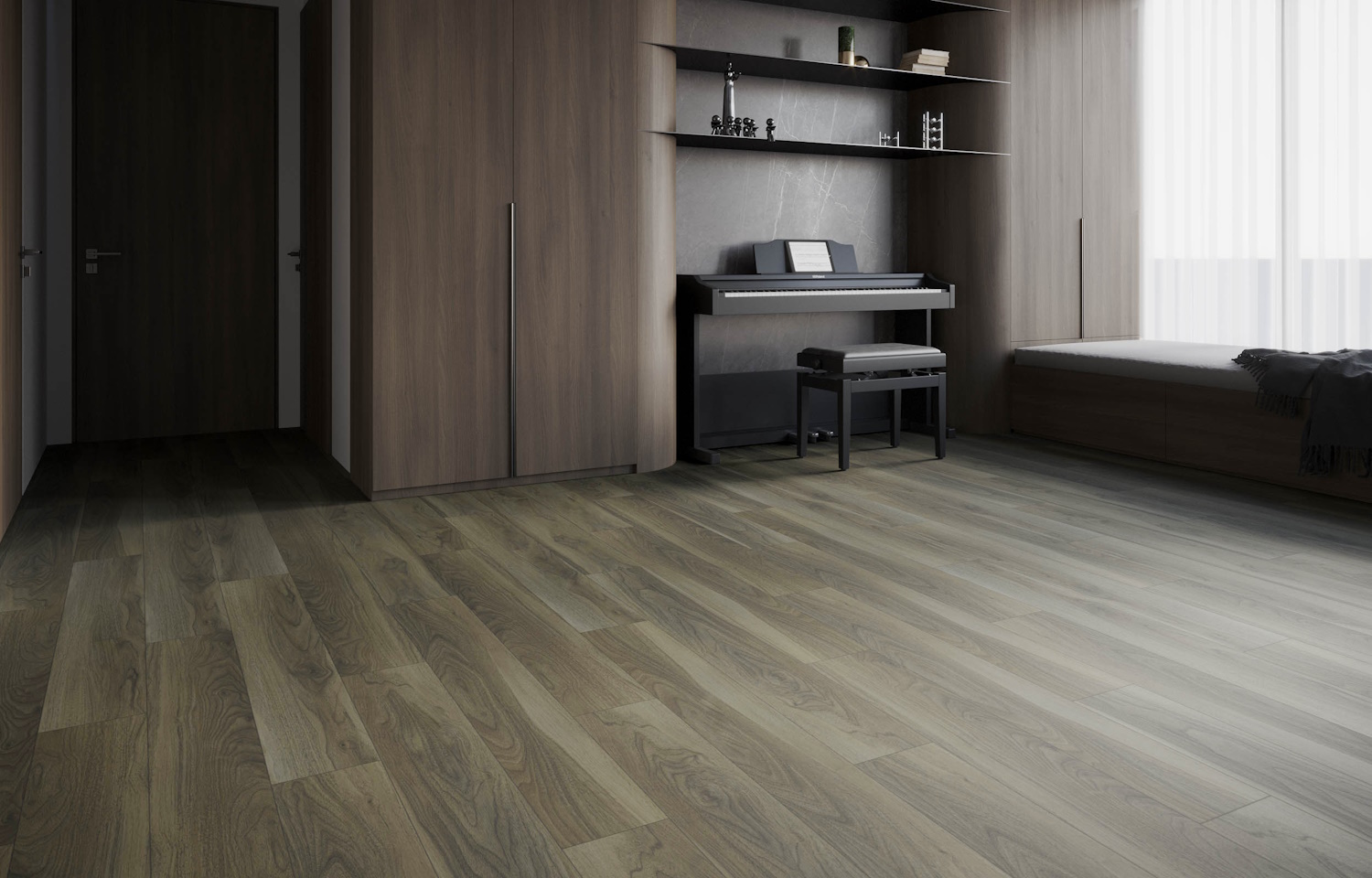 Кварцвиниловый SPC ламинат Art East Art Stone Орех Форте 151-ASP 1220×181×6 фото в интерьере